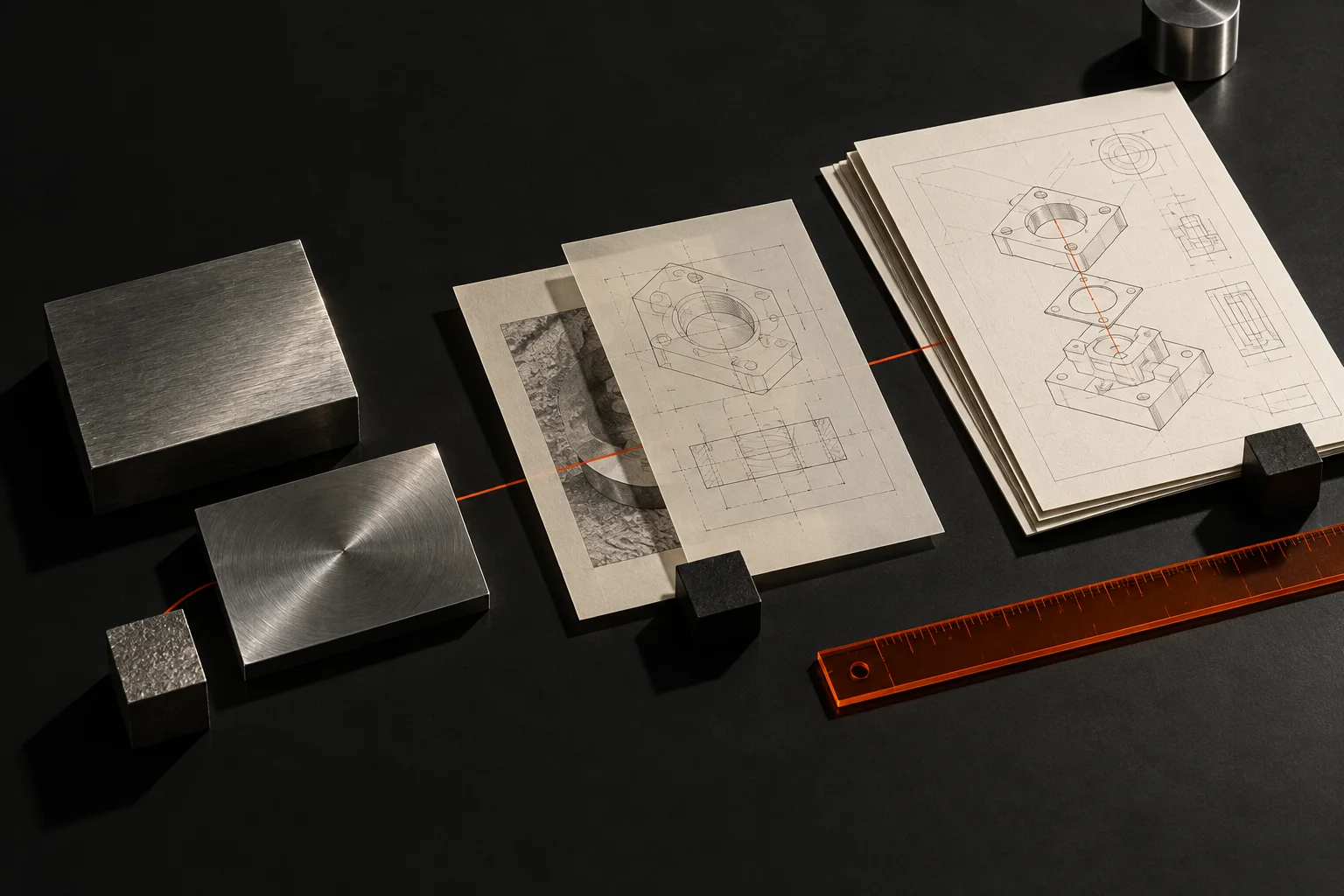 Abstract engineering documents, metal samples and precision tools